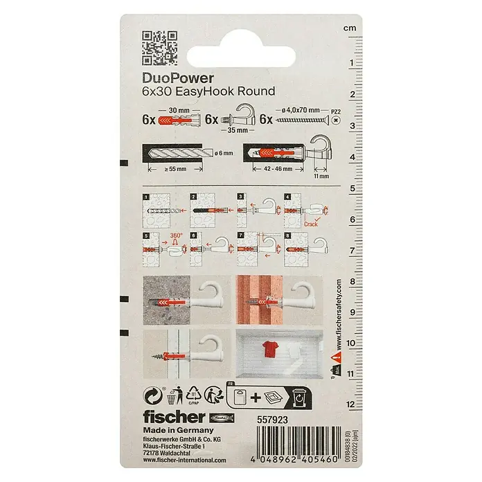 Fischer Duopower Deckenhaken EasyHook Round DuoPower - Durchmesser Dübel: 6 mm, Länge Dübel: 30 mm - Abbildung der DuoPower 6x30 EasyHook Round Verpackung, die Dübel, Haken und Schrauben zur einfachen Befestigung zeigt.