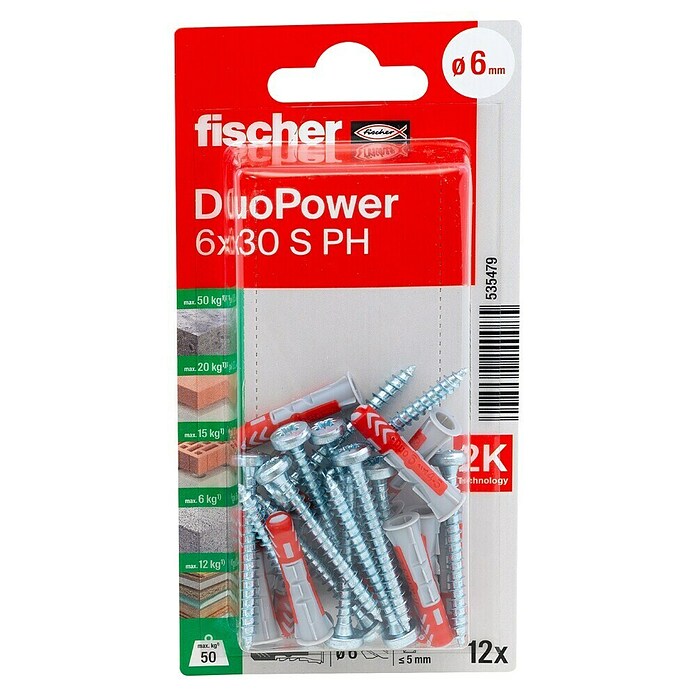 fischer Verpakking met EasyHook DuoPower-pluggen, 5 x 25 cm, met haken en schroeven, voor het ophangen van foto's, planken, 8 stuks