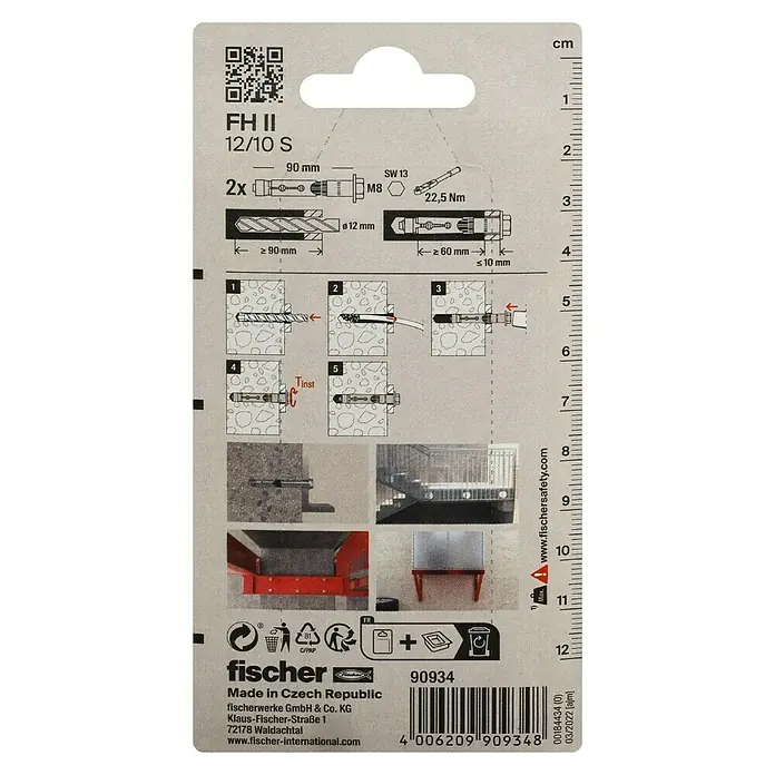 Fischer Schwerlastanker FH II S - Ø x L: 12 x 10 mm, 2 Stk., Sechskantkopf - Abbildung eines Fischer FH II 12/10 S Bolzenankers, der sich ideal für Befestigungen in Beton eignet und eine sichere Installation gewährleistet.