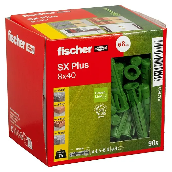 Fischer Spreizdübel SX Plus - Ø x L: 8 x 40 mm, Nylon, Mit Rand, 90 Stk. - Bild einer Packung Fischer SX Plus 8x40 Dübel, die für ihre hohe Tragfähigkeit und umweltfreundliche Green Line-Zertifizierung bekannt sind.