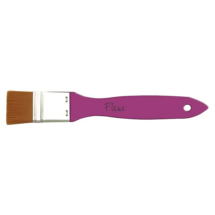 Fleur Pincel plano para barniz - Anchura cerdas: 2 cm, Madera - Primer plano de un pincel con cerdas marrones, virola plateada y mango morado con la palabra "Fleur".