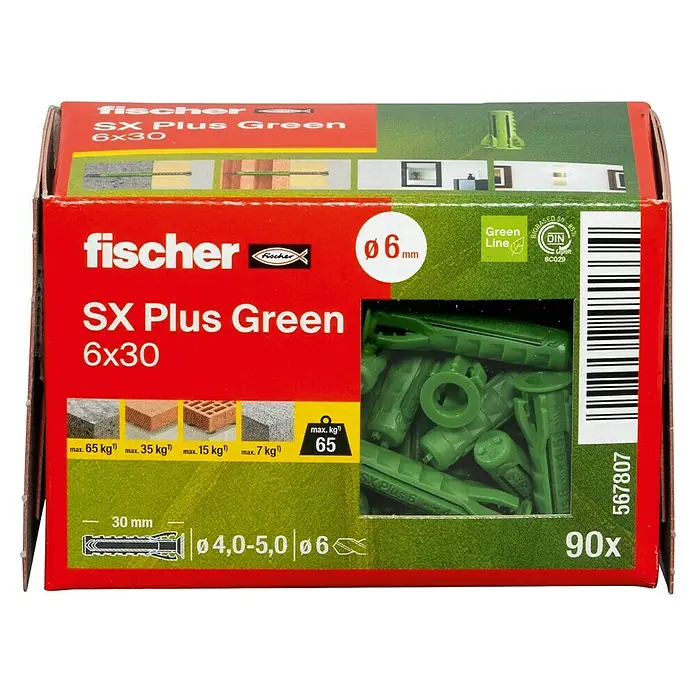 Fischer Spreizdübel SX Plus - Ø x L: 6 x 30 mm, Nylon, Mit Rand, 90 Stk. - Abbildung einer Box mit 90 fischer SX Plus Green Dübeln 6x30, geeignet für verschiedene Materialien, mit Gewichtsangaben und Bio-basiertem Material.