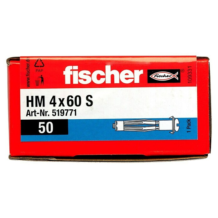 Fischer Metall-Hohlraumdübel HM 4 x 60 S (Ø x L: 4 x 60 mm, Bohrtiefe: Min. 65 mm, 50 Stk.)