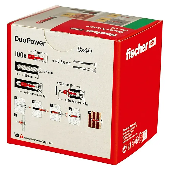 Fischer Duopower Dübelsortiment - Durchmesser Dübel: 8 mm, Länge Dübel: 40 mm, Mit Rand, Alle Baustoffe, 100 Stk. - Abbildung einer DuoPower 8x40-Universal-Befestigungsbox von Fischer, ideal für sichere und zuverlässige Befestigungen in diversen Materialien.