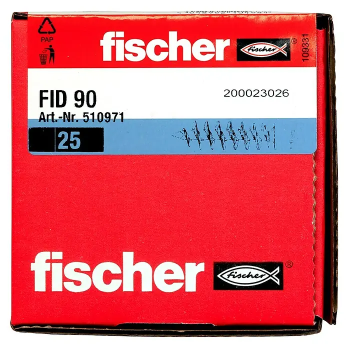 Fischer Dämmstoffdübel FID 90 - Ø x L: 25 x 90 mm, Kunststoff, 1 Stk. - Eine rote Verpackung von Fischer FID 90 mit der Artikelnummer 510971 und der Menge 25. Die Packung zeigt das Fischer-Logo.