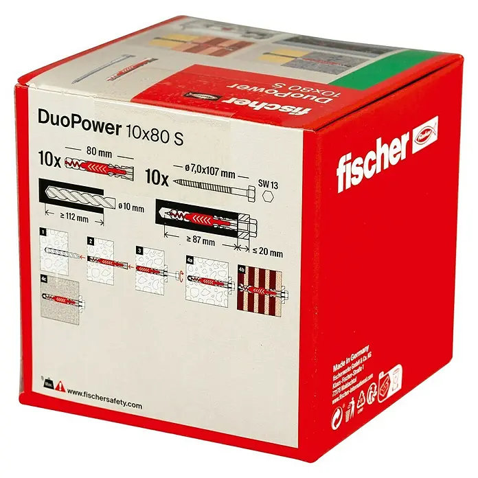Fischer Duopower Dübel- & Schraubenbox 10x80 S - Durchmesser Dübel: 10 mm, Länge Dübel: 80 mm, Sechskantschraube, 10 Stk. - Abbildung einer Verpackung von Fischer DuoPower 10x80 S Universaldübeln, die eine detaillierte Montageanleitung zeigt.