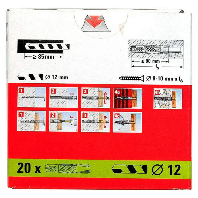 Fischer Universal-Durchsteckdübel UX - Durchmesser Dübel: 12 mm, Länge Dübel: 70 mm, Ohne Rand, 20 Stk. - Abbildung einer Dübelverpackung mit Anweisungen zur korrekten Anwendung.
