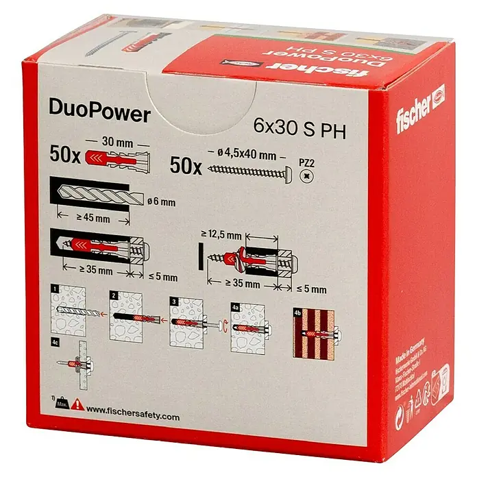 Fischer Duopower Dübel- & Schraubenbox - Durchmesser Dübel: 6 mm, Länge Dübel: 30 mm, Panheadschraube, 50 Stk. - DuoPower 6x30 S PH Dübelbox von Fischer mit 50 Dübeln und Schrauben, ideal für sichere Befestigungen in verschiedenen Materialien.