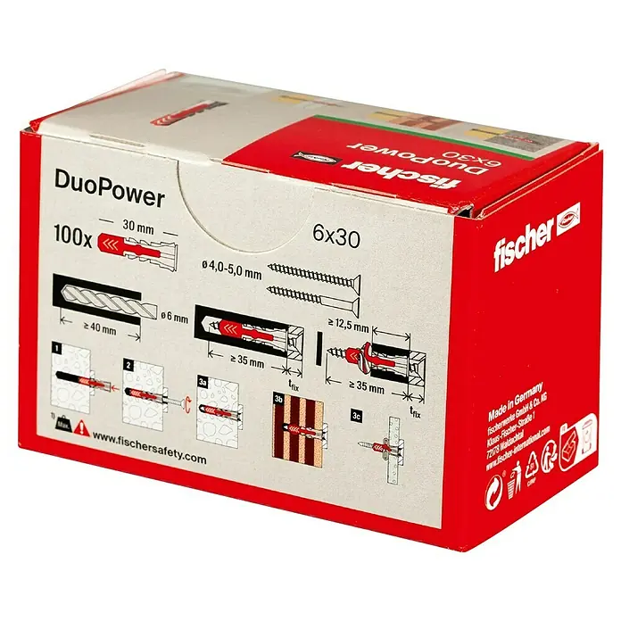 Fischer Duopower Dübelsortiment - Durchmesser Dübel: 6 mm, Länge Dübel: 30 mm, Mit Rand, Alle Baustoffe, 100 Stk. - DuoPower 6x30 Dübelbox mit 100 Stück. Die Box zeigt Anwendungsbeispiele und technische Daten des Dübels. Ideal für sichere Befestigungen.