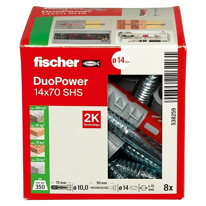 Fischer Duopower Doos pluggen en schroeven 14 x 70 S LD (Diameter plug: 14 mm, Pluglengte: 70 mm, Zeskantschroef, 8 st.) | BAUHAUS