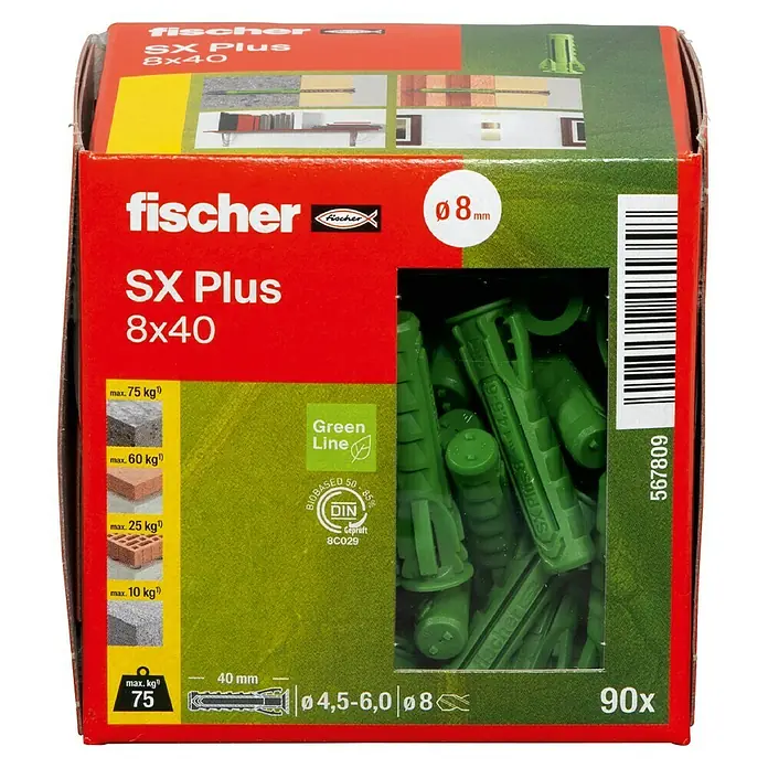 Fischer Spreizdübel SX Plus - Ø x L: 8 x 40 mm, Nylon, Mit Rand, 90 Stk. - Eine Packung Fischer SX Plus 8x40 Dübel, die sich für schwere Lasten eignen. Die Dübel sind grün und in einer Box mit 90 Stück verpackt.