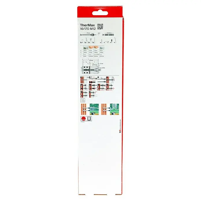 Fischer Thermax Abstandsmontagesystem 16/170 M12 - Durchmesser Bohrloch: 18 mm - 20 mm, Nutzlänge: 60 - 170 mm, 2 Stk. - Bild einer TherMax 16/170 M12-Verpackung mit Montageanleitung, das die Produktdetails und Anwendungsschritte zeigt.