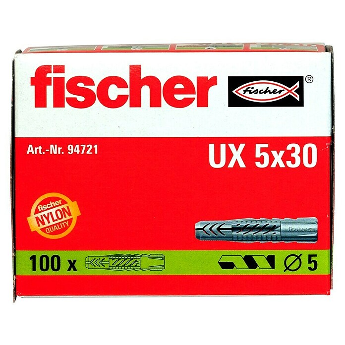 Fischer Universal-Durchsteckdübel UX (Durchmesser Dübel: 5 mm, Länge Dübel: 30 mm, 100 Stk., Ohne Rand)