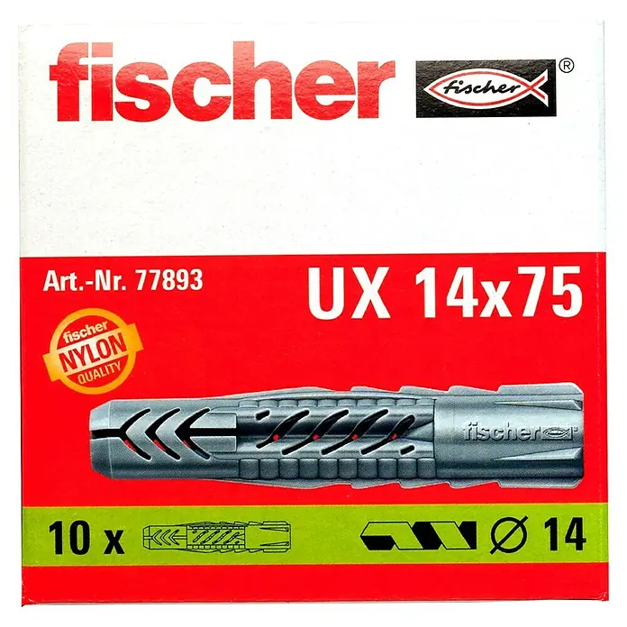 Fischer Universal-Durchsteckdübel UX - Durchmesser Dübel: 14 mm, Länge Dübel: 75 mm, Ohne Rand, 10 Stk. - Bild einer Packung Fischer UX 14x75 Universaldübel aus Nylon mit rotem Hintergrund und Produktinformationen.