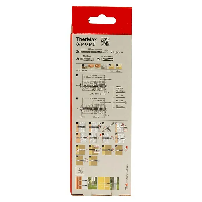 Fischer Thermax Abstandsmontagesystem 8/140 M6 - Durchmesser Bohrloch: 10 mm, Nutzlänge: 120 - 140 mm, 2 Stk. - Verpackung der TherMax 8/140 M6-Dämmstoffdübel, mit Größenangaben und Montageanleitung für eine korrekte Installation.
