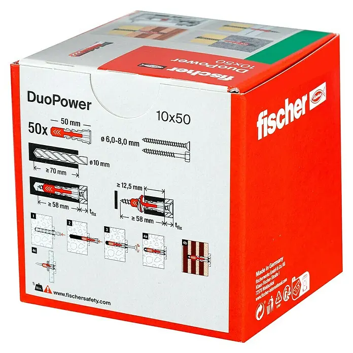 Fischer Duopower Dübelsortiment - Durchmesser Dübel: 10 mm, Länge Dübel: 50 mm, Mit Rand, Alle Baustoffe, 50 Stk. - Produktverpackung: Fischer DuoPower 10x50 Dübelbox mit technischen Daten und Montageanleitung.