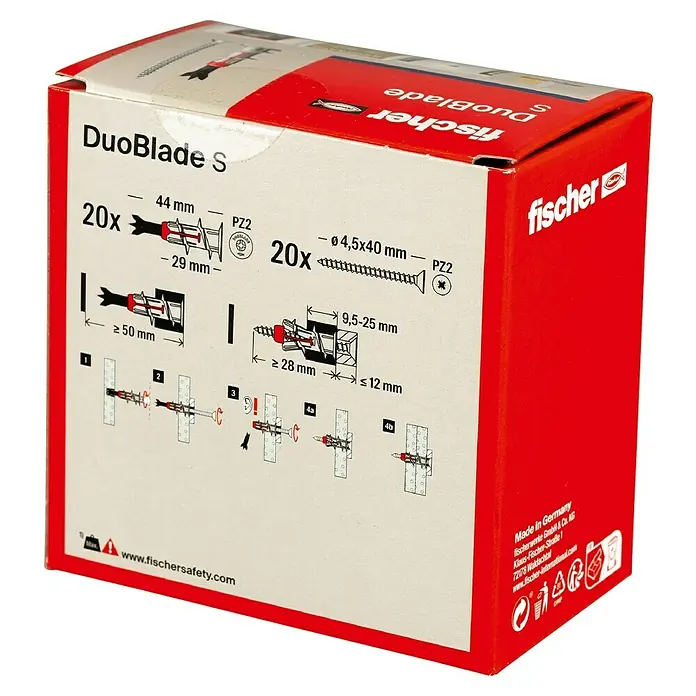Fischer Duoblade Gipskartondübel S LD - Länge Dübel: 44 mm, 20 Stk. - Produktbild der Fischer DuoBlade S Dübelverpackung mit 20 Dübeln und Schrauben, ideal für Gipskarton- und Gipsfaserplatten.