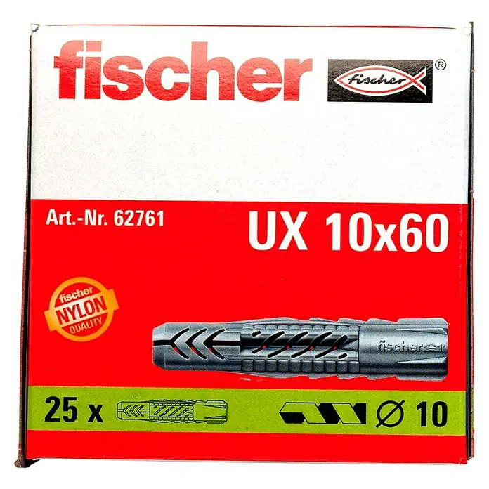 Fischer Universal-Durchsteckdübel UX - Durchmesser Dübel: 10 mm, Länge Dübel: 60 mm, Ohne Rand, 25 Stk. - Verpackung der Fischer UX 10x60 Universaldübel, Nylonqualität, geeignet für verschiedene Baustoffe.
