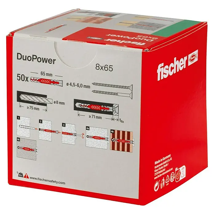 Fischer Duopower Dübelsortiment - Durchmesser Dübel: 8 mm, Länge Dübel: 65 mm, Mit Rand, Alle Baustoffe, 50 Stk. - Eine Packung Fischer DuoPower 8x65 Universaldübel, ideal für Befestigungen in verschiedenen Baumaterialien.