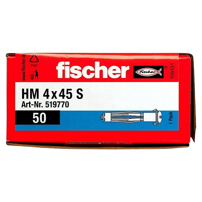 Fischer Metall-Hohlraumdübel HM 4 x 45 S (Ø x L: 4 x 45 mm, Bohrtiefe: Min. 52 mm, 50 Stk.)