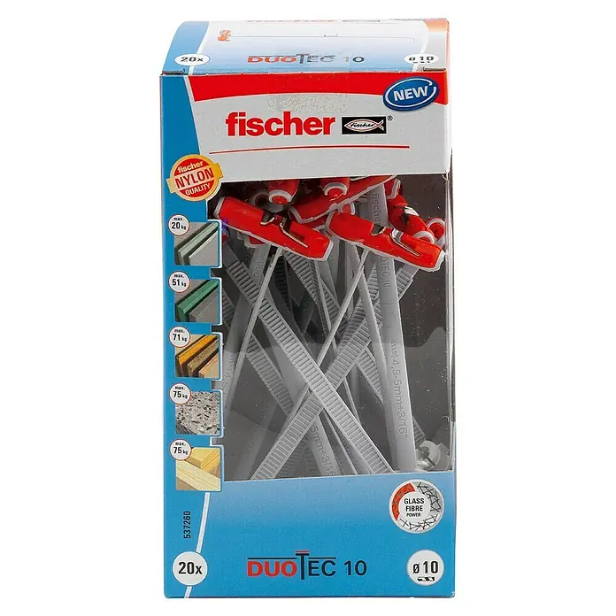 Fischer Kippdübel - Durchmesser Dübel: 10 mm, Länge Dübel: 47 mm, Gipskartonplatten, 20 Stk. - Eine Packung Fischer DuoTec 10 Kippdübel, ideal für Befestigungen in verschiedenen Materialien mit hoher Tragkraft dank Glasfaserverstärkung.