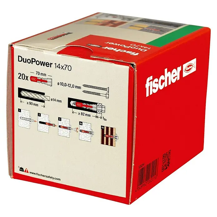 Fischer Duopower Dübelsortiment - Durchmesser Dübel: 14 mm, Länge Dübel: 70 mm, Mit Rand, Alle Baustoffe, 20 Stk. - Eine Packung Fischer Dübel DuoPower 14x70, bestehend aus 20 Dübeln und Schrauben, ideal für sichere Befestigungen in verschiedenen Materialien.
