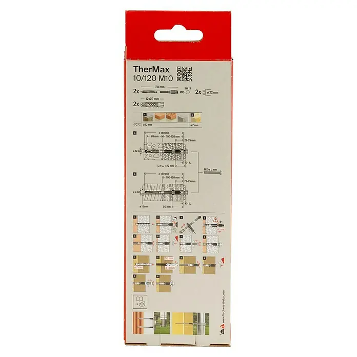 Fischer Thermax Abstandsmontagesystem 10/120 M10 - Durchmesser Bohrloch: 12 mm, Nutzlänge: 100 - 120 mm, 2 Stk. - Abbildung der TherMax 10/120 M10 Fassadendübelverpackung mit Größenangaben und Montagehinweisen.