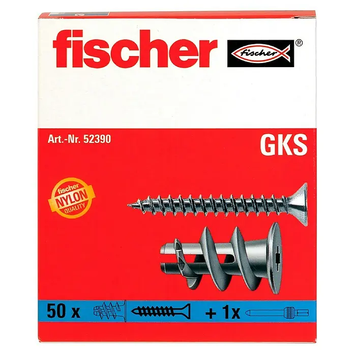 Fischer Gipskartondübel - Länge Dübel: 22 mm, Mit Schrauben, Mit Rand, 50 Stk. - Bild einer Packung Fischer GKS Dübel, die 50 Dübel und einen Schraubendreher enthält. Hochwertige Nylon-Qualität für sichere Befestigungen.