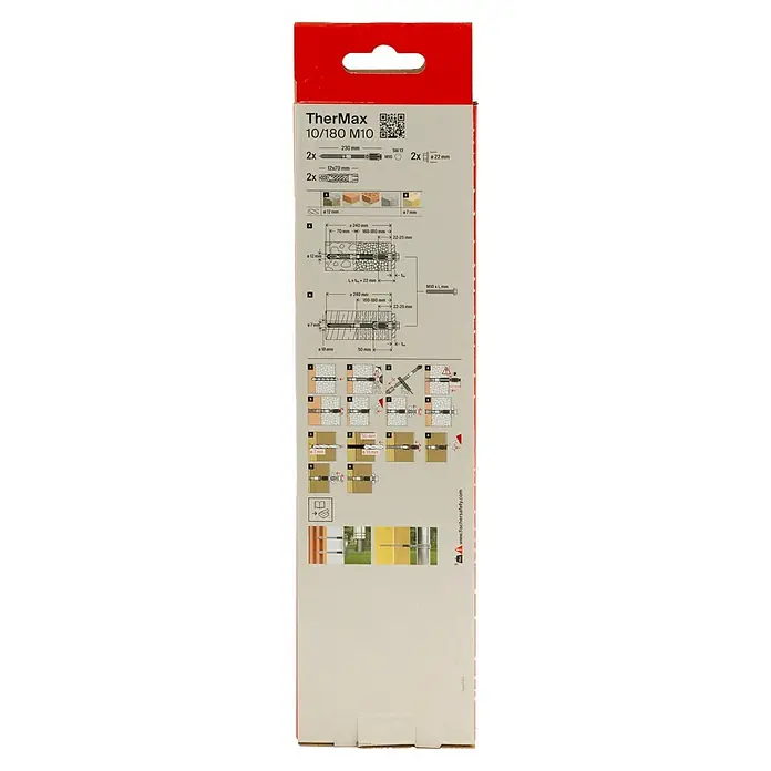 Fischer Thermax Abstandsmontagesystem 10/180 M10 - Durchmesser Bohrloch: 12 mm, Nutzlänge: 160 - 180 mm, 2 Stk. - Verpackung der TherMax 10/180 M10, einem Befestigungssystem mit Dübeln und Schrauben, mit Montageanleitung und Produktdetails.