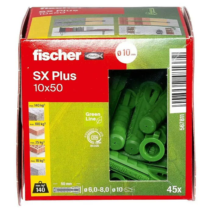 Fischer Spreizdübel SX Plus - Ø x L: 10 x 50 mm, Nylon, Mit Rand, 45 Stk. - Verpackung der Fischer SX Plus 10x50 Dübel, geeignet für verschiedene Baumaterialien und Lasten. Die Dübel sind teilweise biobasiert.