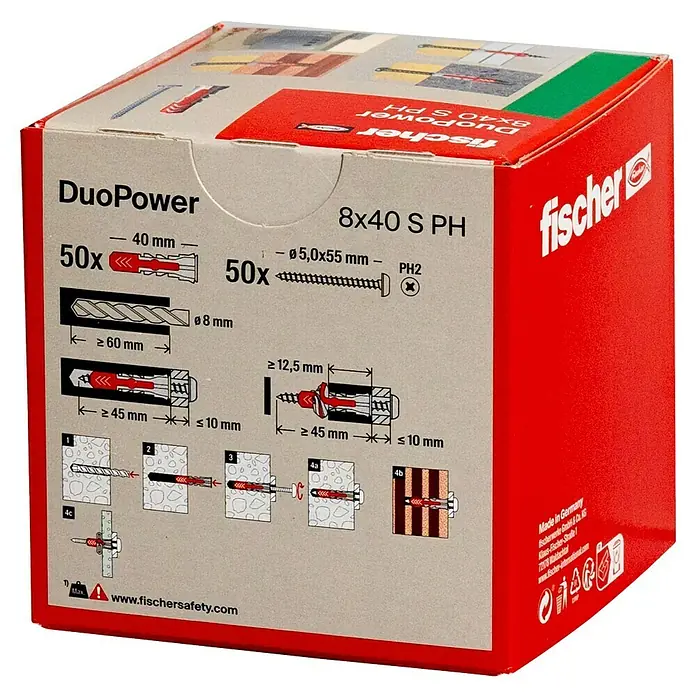 Fischer Duopower Dübel- & SchraubenboxDurchmesser Dübel: 8 mm, Länge Dübel: 40 mm, Panheadschraube, 50 Stk. - Diagonale Ansicht
