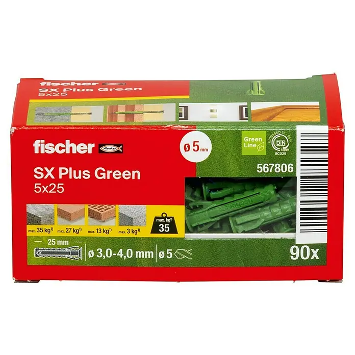 Fischer Spreizdübel SX Plus - Ø x L: 5 x 25 mm, Nylon, Mit Rand, 90 Stk. - Verpackung von Fischer SX Plus Green Dübeln, Größe 5x25, mit Produktinformationen und Nachhaltigkeitszertifizierung.