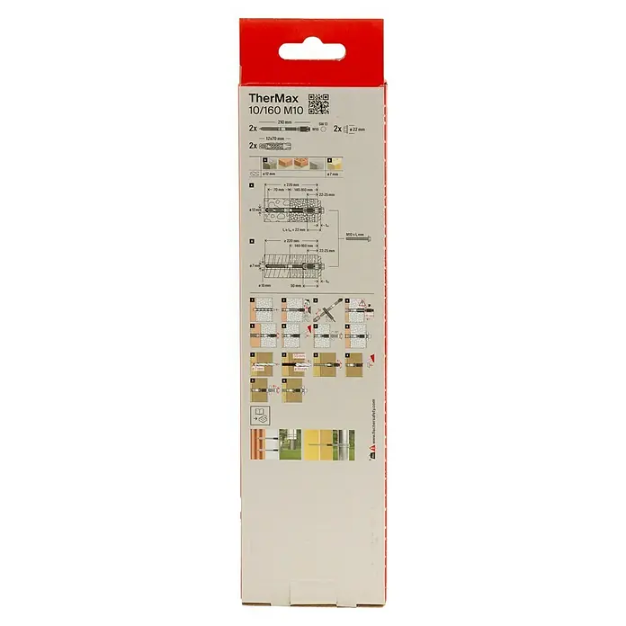 Fischer Thermax Abstandsmontagesystem 10/160 M10 - Durchmesser Bohrloch: 12 mm, Nutzlänge: 140 - 160 mm, 2 Stk. - Abbildung der TherMax 10/160 M10-Dämmstoffdübelverpackung, die detaillierte Installationsanweisungen und Produktinformationen zeigt.