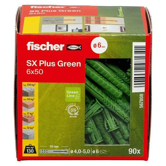 Fischer Spreizdübel SX Green - Ø x L: 6 x 50 mm, Nylon, Mit Rand, 90 Stk. - Fischer SX Plus Green 6x50 Dübelbox mit 90 Dübeln. Geeignet für verschiedene Materialien bis zu einer maximalen Last von 130 kg.