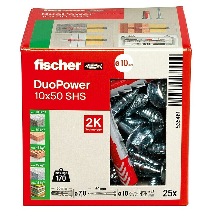 Fischer Dübel- & Schraubenbox Duopower (Durchmesser Dübel: 10 mm, Länge Dübel: 50 mm, 25 Stk., Sechskantschraube)