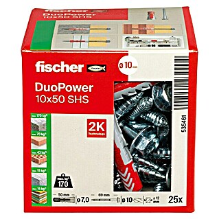 Fischer Duopower Škatla za zidne vložke in vijake (Premer zidnega vložka: 10 mm, Dolžina zidnega vložka: 50 mm, Šestrobi vijak, 25 kos)