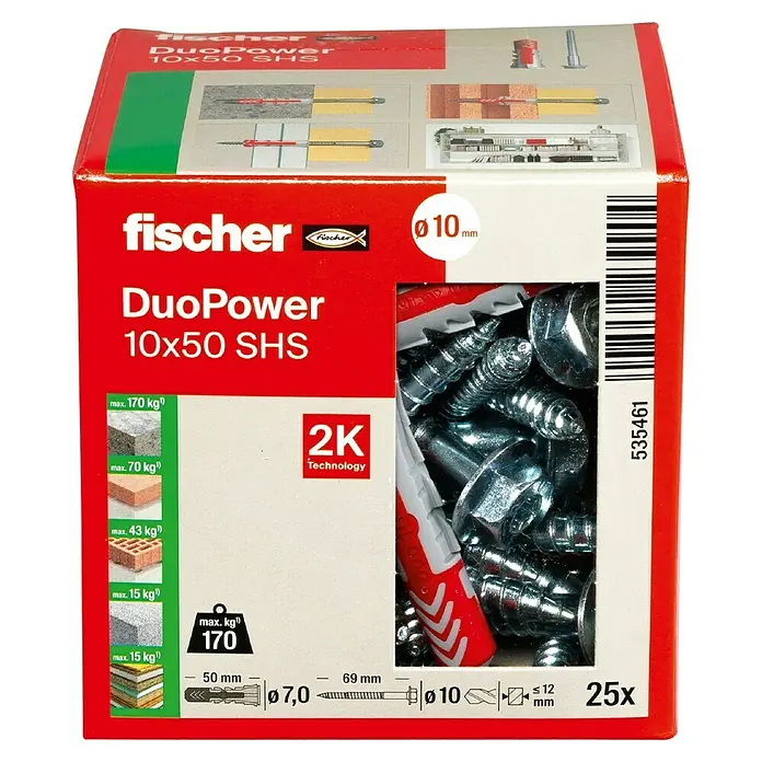 Fischer Duopower Dübel- & Schraubenbox - Durchmesser Dübel: 10 mm, Länge Dübel: 50 mm, Sechskantschraube, 25 Stk. - Verpackung von Fischer DuoPower 10x50 SHS Dübeln, ideal für sichere Befestigungen in verschiedenen Materialien.