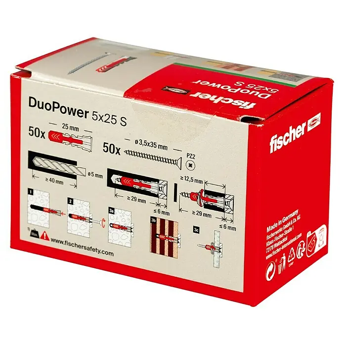 Fischer Duopower Dübel- & Schraubenbox - Durchmesser Dübel: 5 mm, Länge Dübel: 25 mm, Senkkopfschraube, 50 Stk. - Produktbild einer Packung Fischer DuoPower 5x25 S Dübel, inklusive Größenangaben und Installationshinweisen auf der Verpackung.