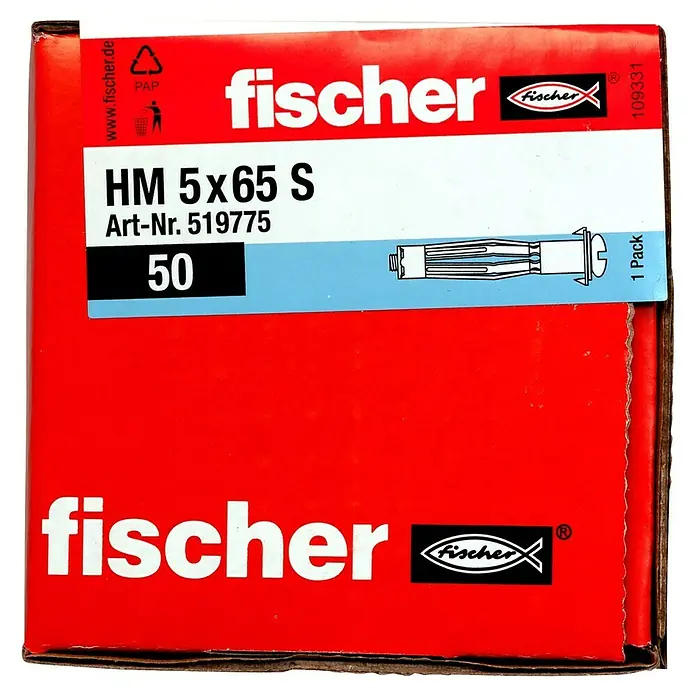 Fischer Metall-Hohlraumdübel HM S - Ø x L: 5 x 65 mm, Bohrtiefe: 71 mm, 50 Stk. - Eine Packung Fischer HM 5x65 S Hohlraumdübel, ideal für Befestigungen in Gipskarton- und Gipsfaserplatten. Enthält 50 Stück.