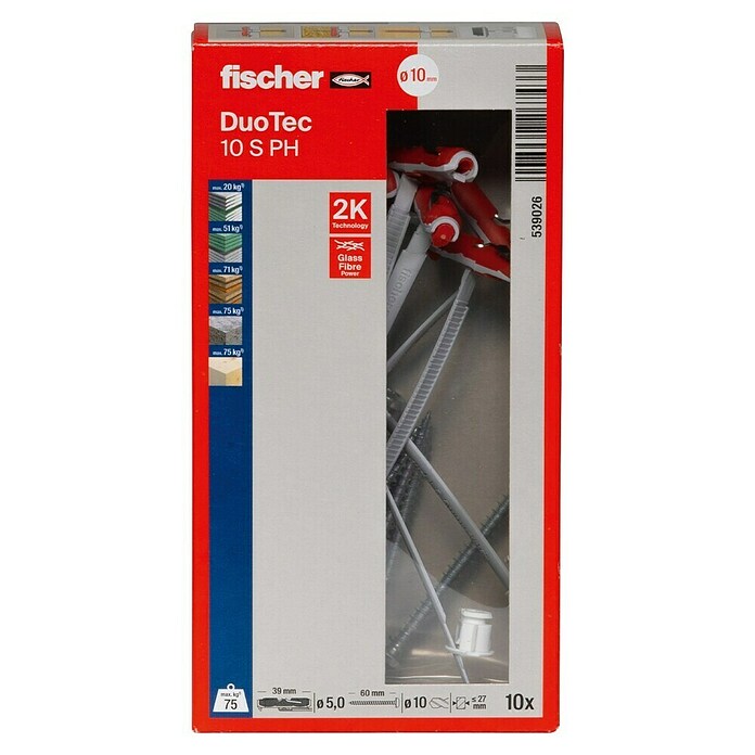 Fischer Juego de fijaciones (Diámetro taco: 10 mm, Longitud taco: 47 mm, 10 uds., Tornillo de cabeza alomada)