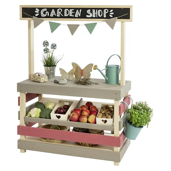 Muddy Buddy Kinder-Kaufladen Garden Friend - 90 x 40 x 115 cm, Holz, Natur/Warmgrau/Malvenrosa - Gartenshop-Spielset mit Obst, Gemüse und Gartenzubehör. Ideal für Kinder, die Rollenspiele im Garten lieben.