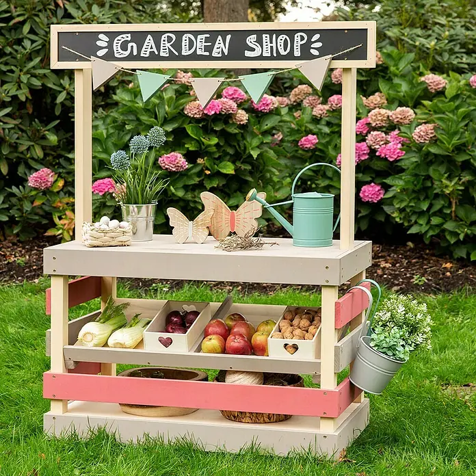 Muddy Buddy Kinder-Kaufladen Garden Friend - 90 x 40 x 115 cm, Holz, Natur/Warmgrau/Malvenrosa - Gartenspielhaus mit Schild "Garden Shop" und Marktständen, gefüllt mit Obst und Gemüse.