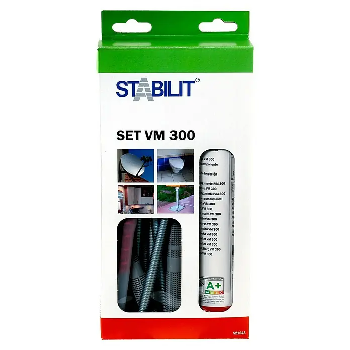 Stabilit Schwerlast-Befestigungs-Set VM 300 - Schwerlastbefestigung, Stahlanker, Geeignet für: Beton - Produktverpackung von Stabilit SET VM 300, einem vielseitigen Befestigungsset mit Injektionsmörtel und Zubehör für verschiedene Anwendungen.