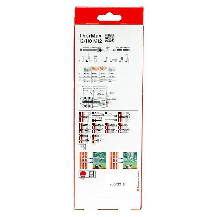 Fischer Thermax Abstandsmontagesystem 12/110 M12 - Durchmesser Bohrloch: 14 mm - 20 mm, Nutzlänge: 60 - 110 mm, 2 Stk. - Ein Karton mit ThermMax 12/110 M12 Dämmstoffdübeln, inklusive Größenangaben und Montageanleitung, für sichere Befestigungen.