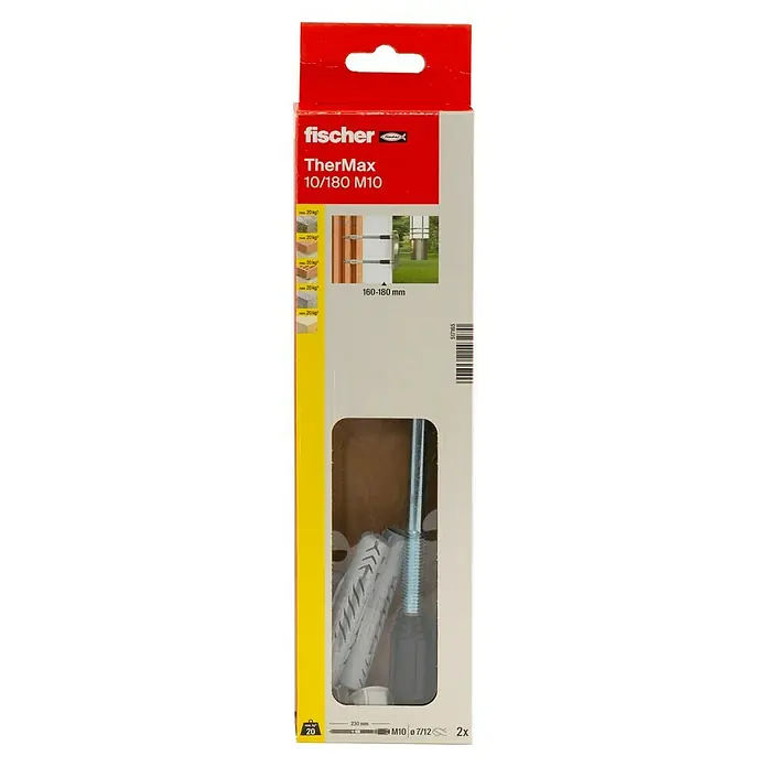 Fischer Thermax Abstandsmontagesystem 10/180 M10 - Durchmesser Bohrloch: 12 mm, Nutzlänge: 160 - 180 mm, 2 Stk. - Verpackung der fischer TherMax 10/180 M10 Dübel, geeignet für Dämmstoffdicken von 160-180mm, mit Details zu Traglast und Größe.