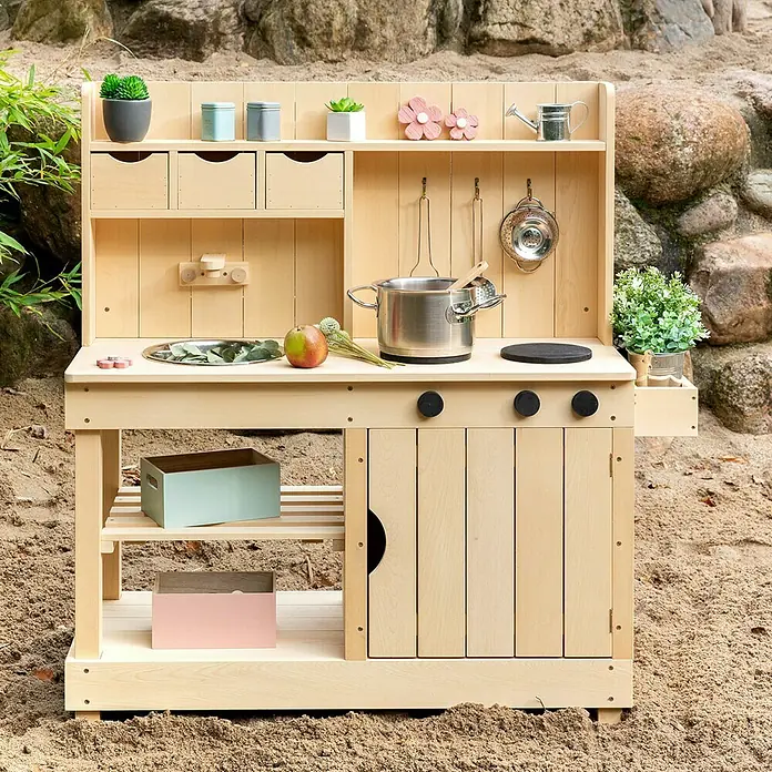 Muddy Buddy Matschküche Explorer - 102 x 40 x 105 cm, Holz, Natur - Die Kinderspielküche aus Holz mit Zubehör ist perfekt für fantasievolles Spielen im Freien. Mit Kochfeld, Spüle und Stauraum.