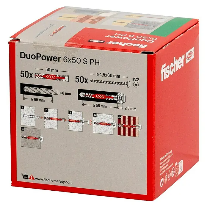 Fischer Duopower Dübel- & Schraubenbox S PH LD - Durchmesser Dübel: 6 mm, Länge Dübel: 50 mm, Panheadschraube, 50 Stk. - Produktbild einer Fischer DuoPower 6x50 S PH Dübelbox. Ideal zum Befestigen verschiedener Materialien. Zuverlässig und langlebig.