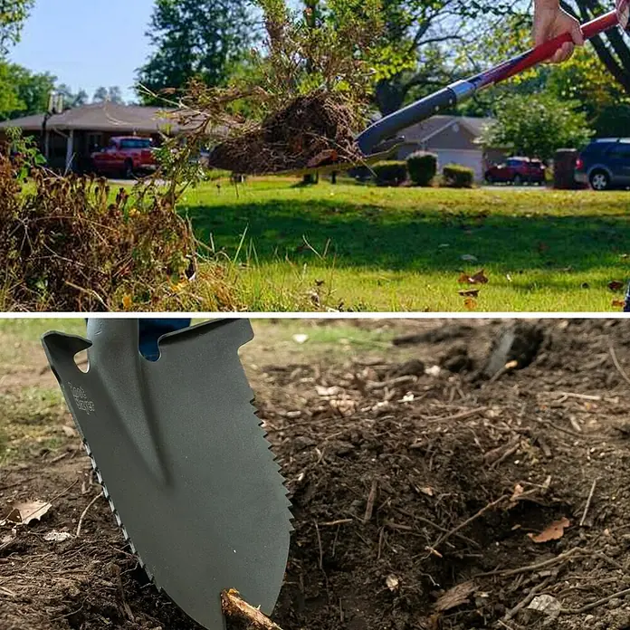 Root Slayer Schaufel - Breite: 25 cm, Schwarz/Rot - Auf dem Foto ist ein robuster Spaten zu sehen, der sich ideal für Gartenarbeiten und zum Ausheben von Löchern eignet.