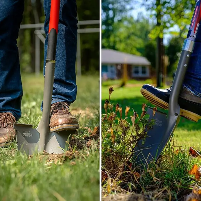 Root Slayer Schaufel - Breite: 25 cm, Schwarz/Rot - Nahaufnahme des Root Slayer Grabspatens im Einsatz, der für Gartenarbeiten und das mühelose Durchtrennen von Wurzeln konzipiert ist.