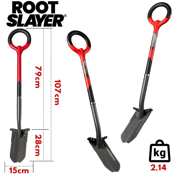 Root Slayer Gärtnerspaten - 107 cm - Abbildung eines Root Slayer Grabspatens mit roten Griff und verschiedenen Maßen, sowie dem Gewicht von 2,14kg.